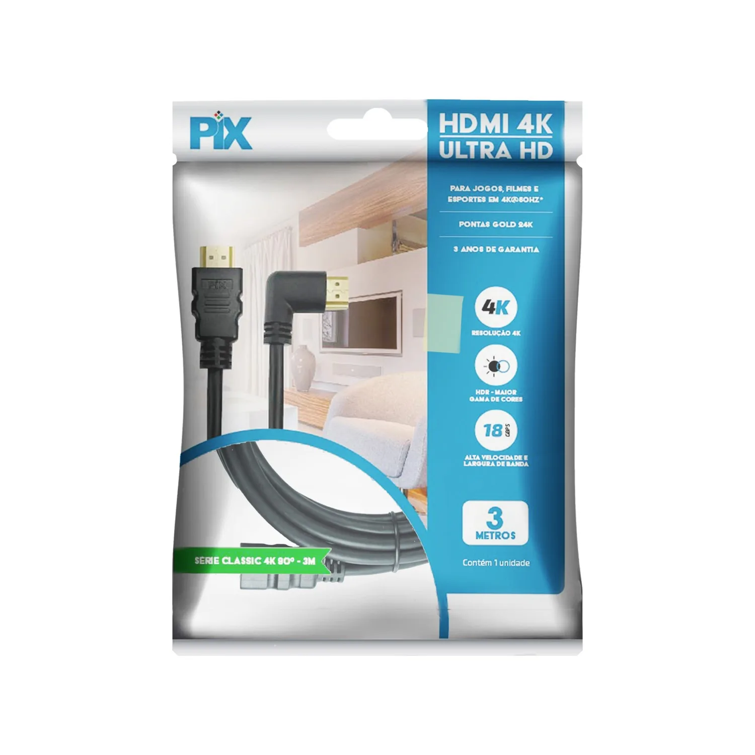 Cabo Hdmi 3 Metros V2.0 90 Graus 19 Pinos 4k Hdr - Pix 018-3323