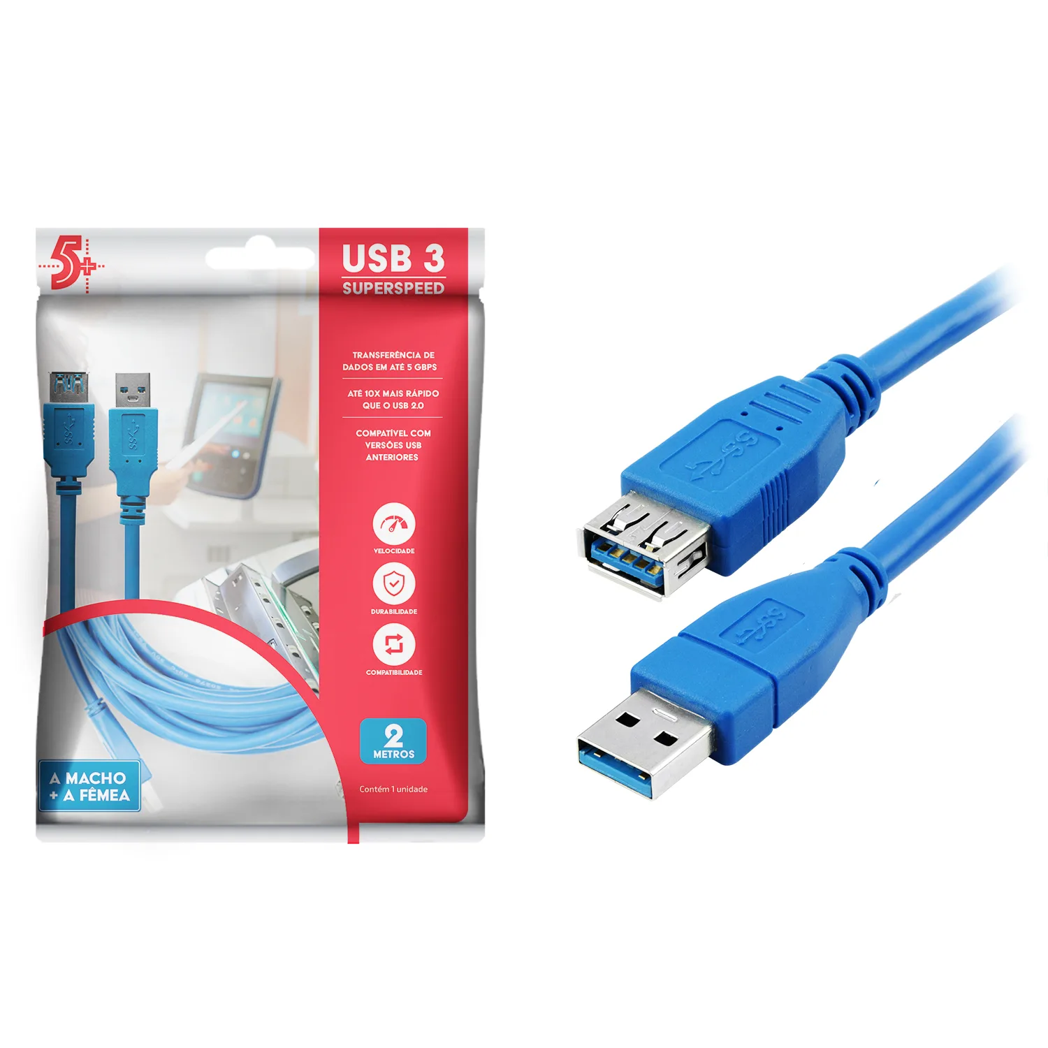 Cabo Extensor Usb 3.0 Macho x Fêmea, 2 metros - 5+ 018-7702