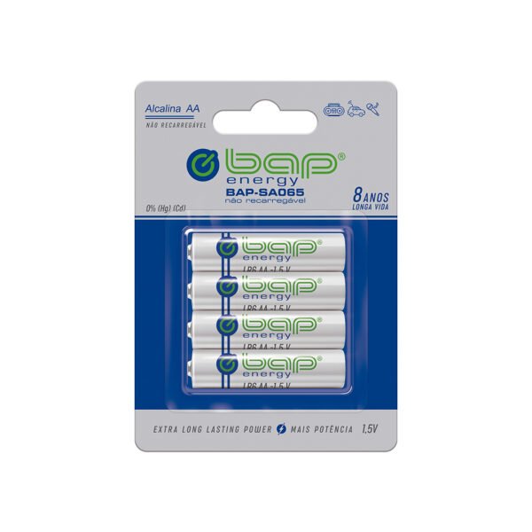 Pilha Alcalina AA 1,5V LR6, Bap Energy SA065 - Pack Com 4 Unidades