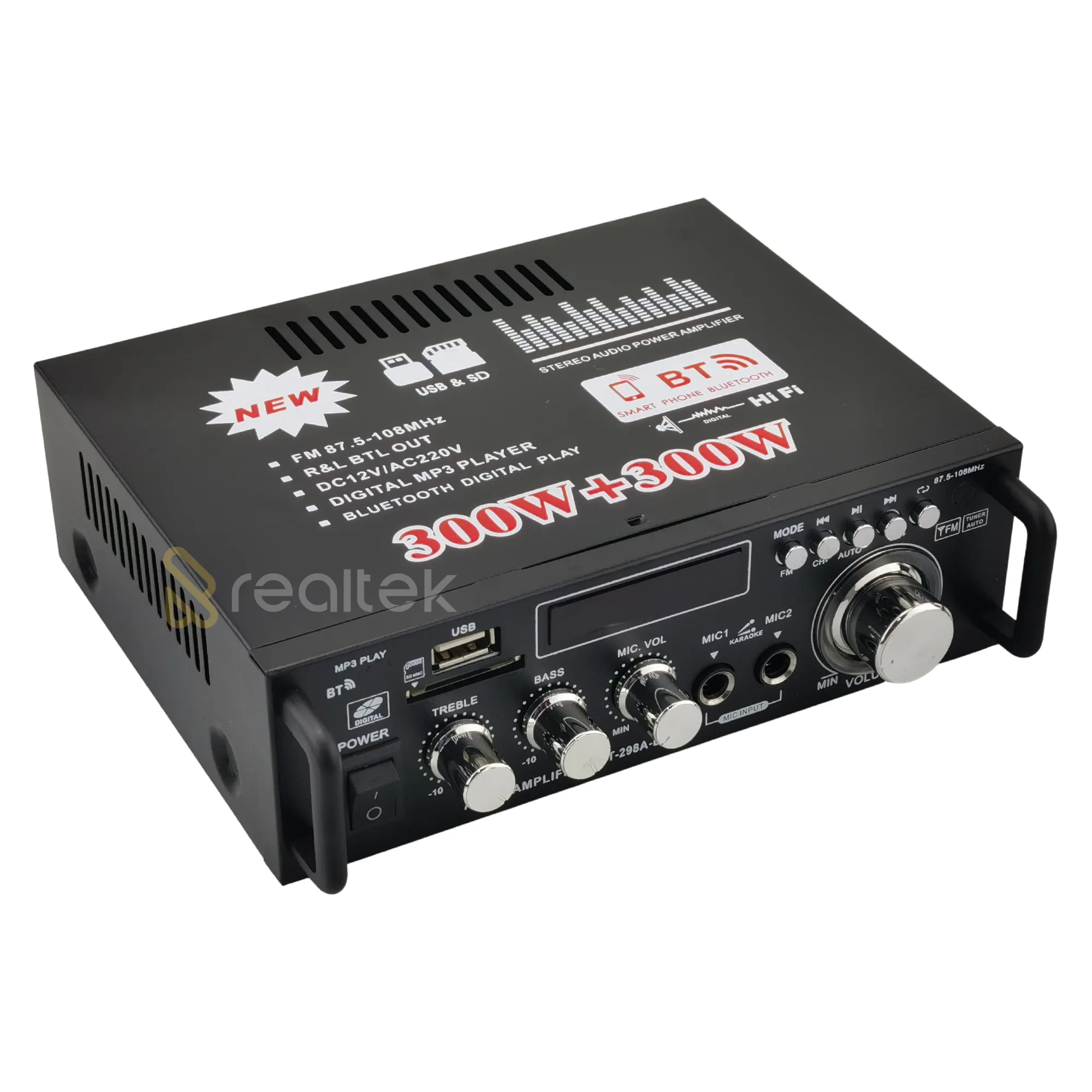 Mini Amplificador Receiver De Áudio, Bluetooth, Mp3 e Fm 600w 220v - BT298A