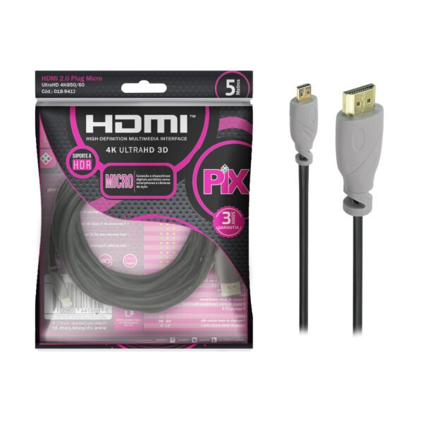 Cabo Micro Hdmi x Hdmi 2.0 4K Hdr, 5 Metros - Pix 018-9412