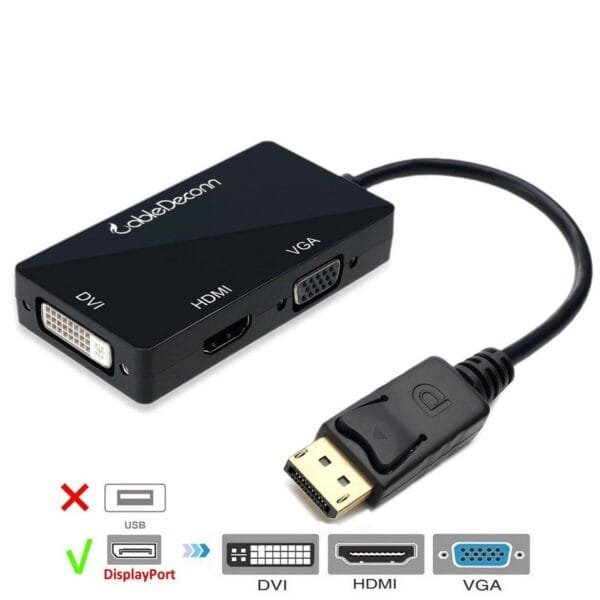 Adaptador Conversor Displayport Para Hdmi, Vga e Dvi - 3 em 1 - F3