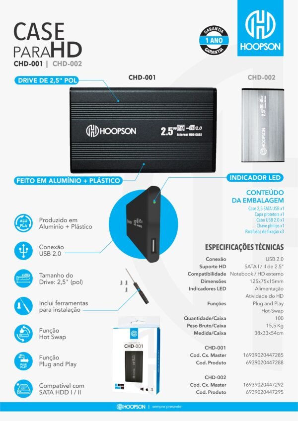 Case Para Hd / Ssd Sata Usb 2.0 Hoopson CHD-002 (Prata) - Imagem 3