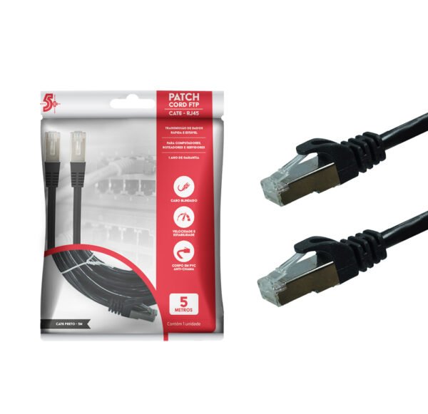 Cabo de Rede Patch Cord FTP Cat6, Preto - 5 Metros | 5+ 018-9907