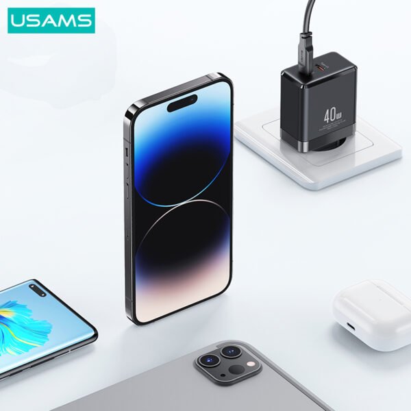 Carregador de Parede 2 Portas USB C GaN 40W, Preto  - Usams CC172 - Imagem 2