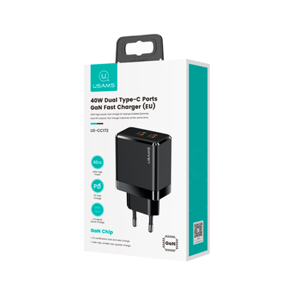 Carregador de Parede 2 Portas USB C GaN 40W, Preto  - Usams CC172